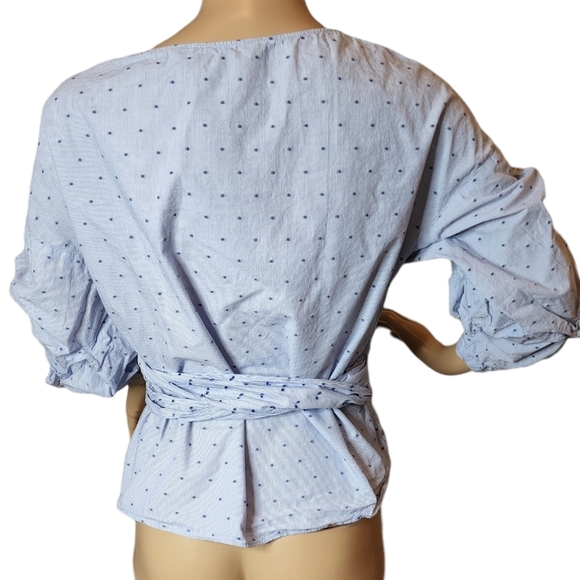 Zara Blue Swiss dot striped long sleeve wrap blouse.  Size medium - Picture 7 of 13